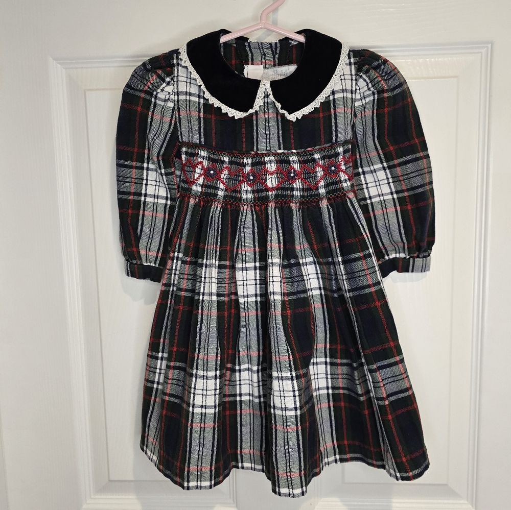 Bonnie Baby long sleeved plaid smocked dress, 24 months. Heart Smocking